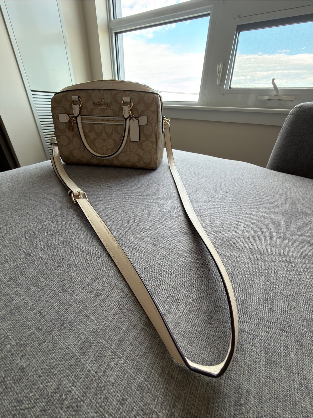 Coach Rowan Satchel Crossbody Signature Canvas Gold Khaki Chalk - Picture 9 of 11